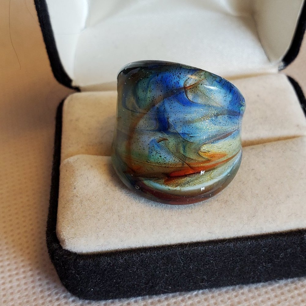 Size 5 Swirled Glass Ring Colorful Blue and Red